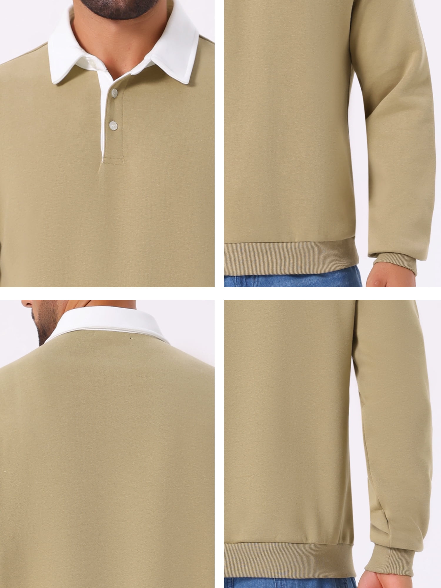 DARING DIVA Men's Contrast Collared Long Sleeves Pullover Polo Sweatshirt XL Khaki