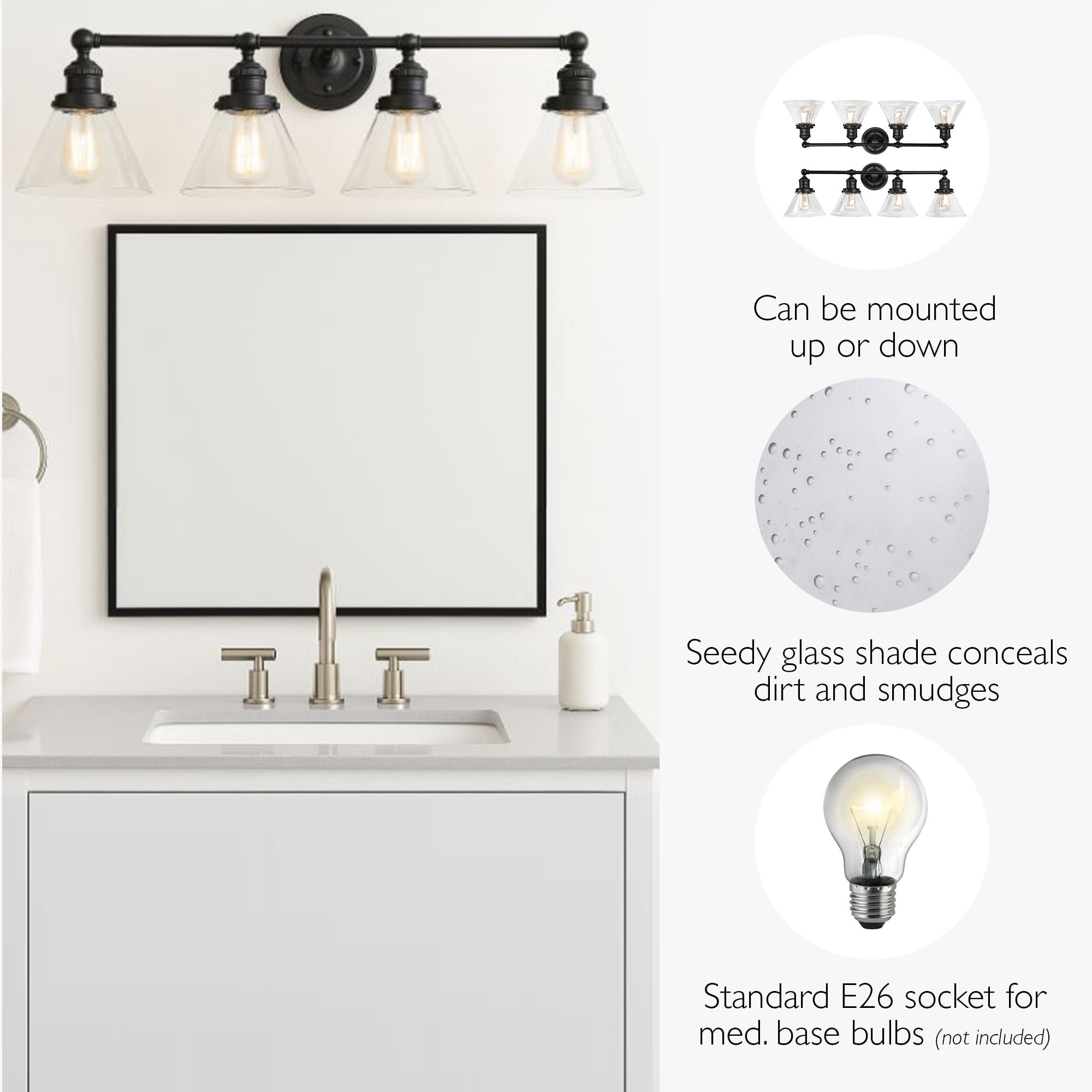 Corwin 4-Light Black Vanity Light with Seeded Glass Shades, Dimmable, Up/Down Mount, 34.9 in L x 8.3 in D x 11.1 in H