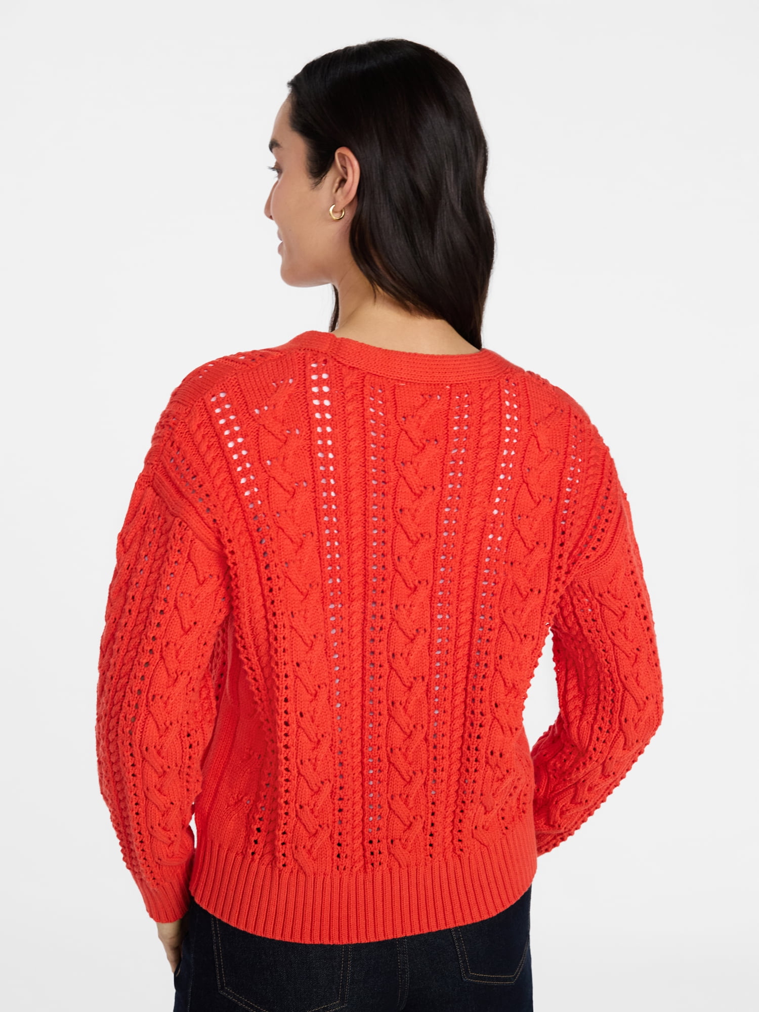 Time and Tru Women's Cable Knit Cardigan Sweater with Long Sleeves, Lightweight, Sizes XS-XXXL
