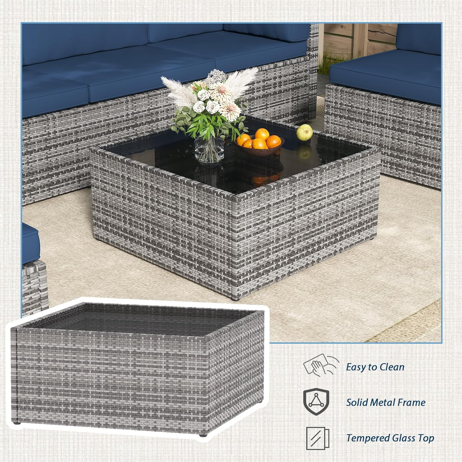 Danrelax 7-Piece Outdoor Sectional Sofa Patio Conversation Set, PE Rattan Wicker Furniture, Steel Frame in Dark Blue