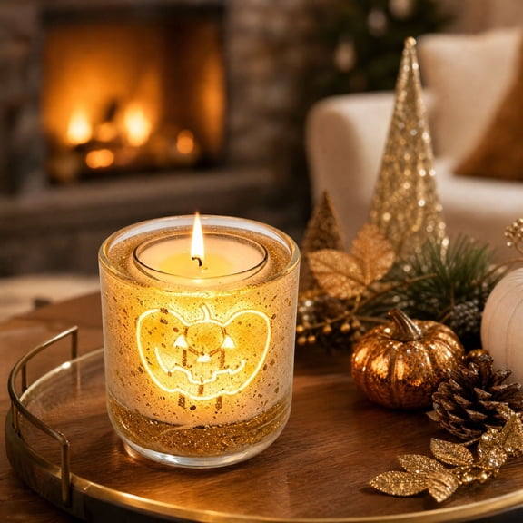 Dalxymotic Glass Candle, LED Light-Up Heart Tree Pumpkin Votive Cup, Holiday Tabletop Christmas Party Decor, Christmas Decorations Indoor Outdoor for Home, Mantel, Shelf