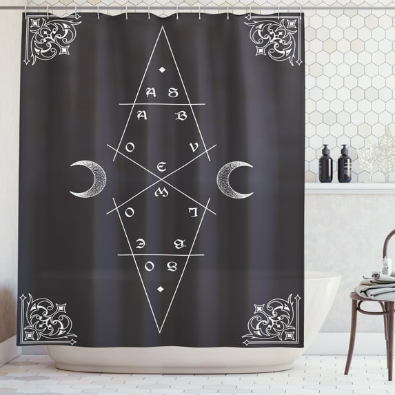 Geometry Shower Curtain, Composition of Crescent Moon with Vintage and Geometric Elements, Fabric Bathroom Set with Hooks, 69W X 84L Inches Extra Long, Charcoal Grey and White, by Ambesonne