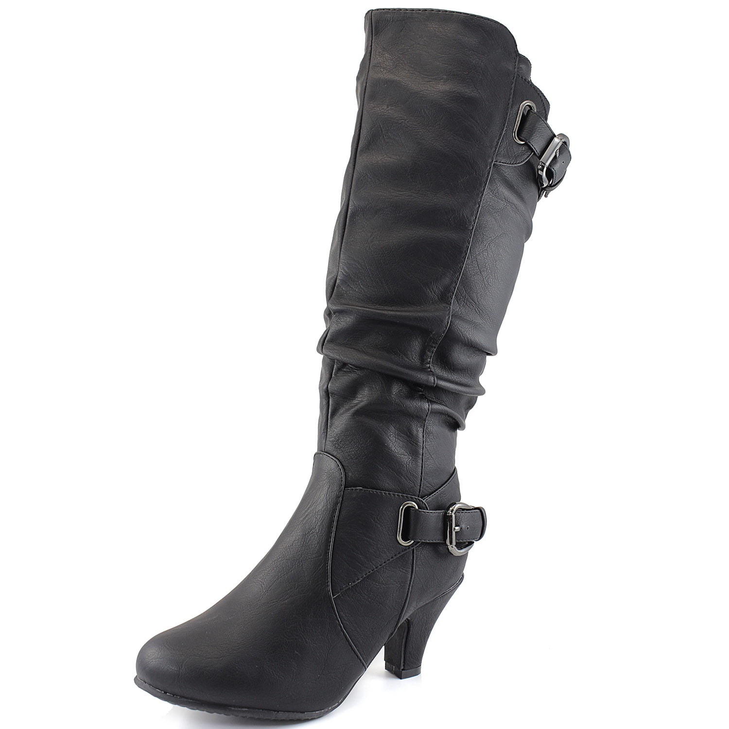 Top Moda - Women's Knee High Ankle Strap Buckle Slouch Round Toe Kitten Heel Boots, Lovely Black