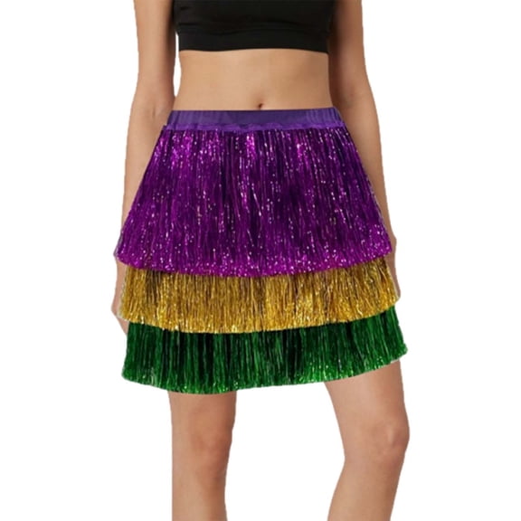 Carnival Tassel Skirt for Women Loose Color Block Sequins Mini Skirt Multicolor M