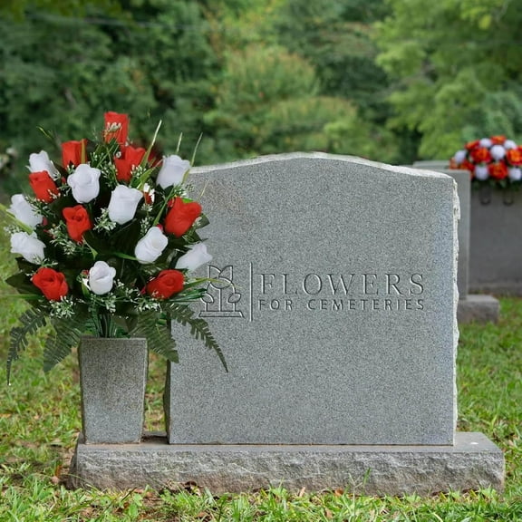 Artificial Cemetery Flowers – Grave Decorations, Cemetery Flowers for Grave Vase, Artificial Rose, Silk Flowers for Long-Lasting Remembrance (Red White, 2 Bouquets)