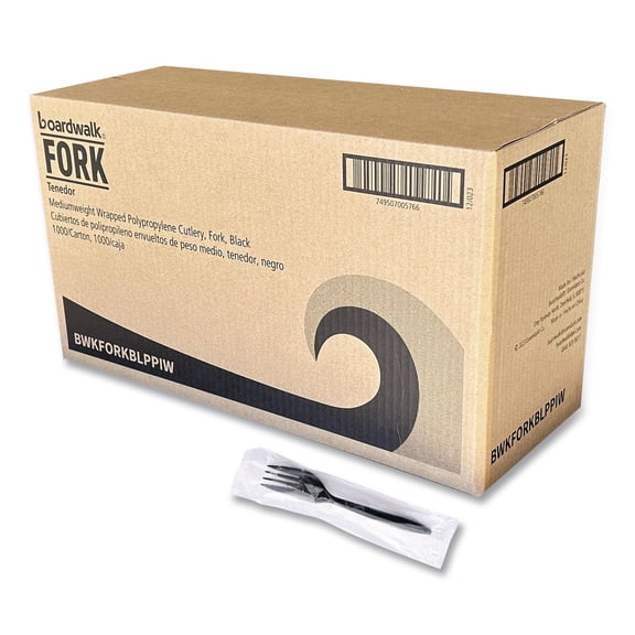 Boardwalk Mediumweight Wrapped Polypropylene Disposable Forks, Black, 1,000/Carton