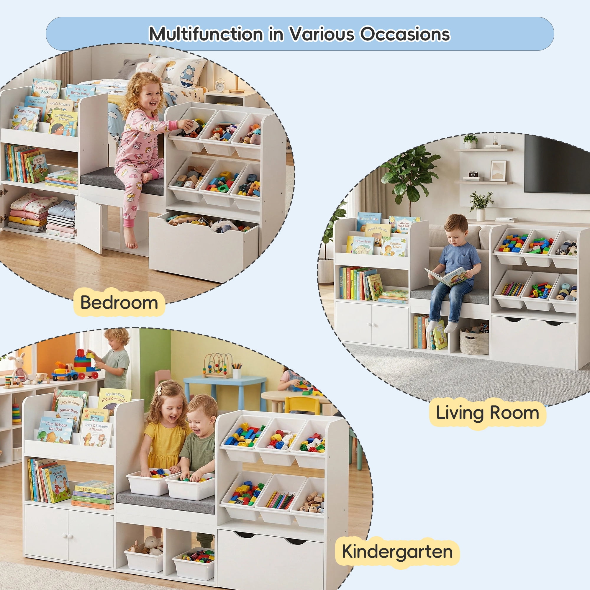 Reasea Kids Bookshelf with Reading Nook & Storage Bench, 73 Inch Toy Organizer with Movable Drawer & 6 Removable Bins, Montessori Reading Corner Furniture for Playroom & Bedroom
