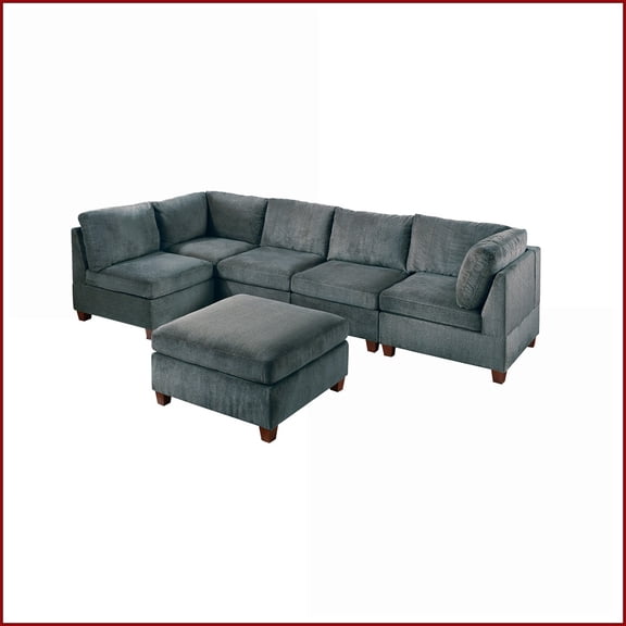 6-Piece Modular Chenille Sofa Set - Gray Wood Frame Living Room Sectional | Gray | Chenille | Modular