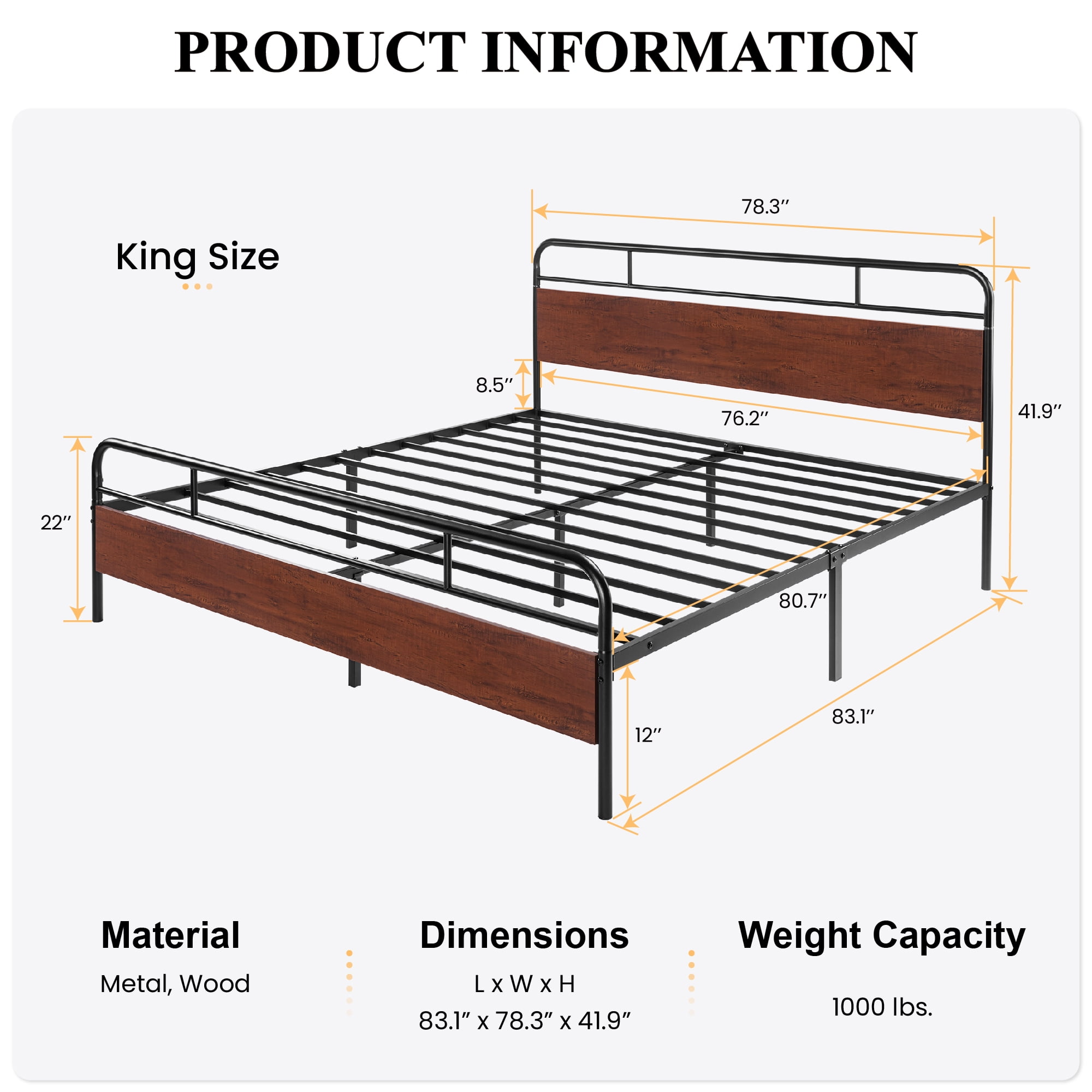 Sha Cerlin Dark Brown King Size Metal Platform Bed Frame with Industrial Heavy Duty Wooden Headboard