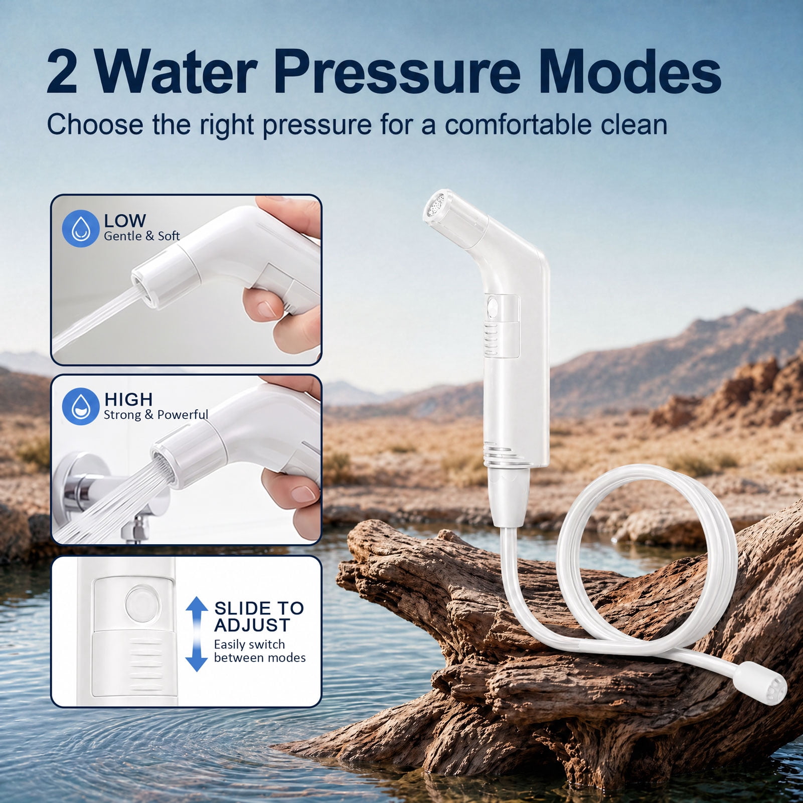 WOWER Rechargeable Portable Bidet with 2 Spray Modes, 800mAh Battery and 2M Hose, Handheld Personal Hygiene Sprayer for Travel, Camping & Postpartum Care