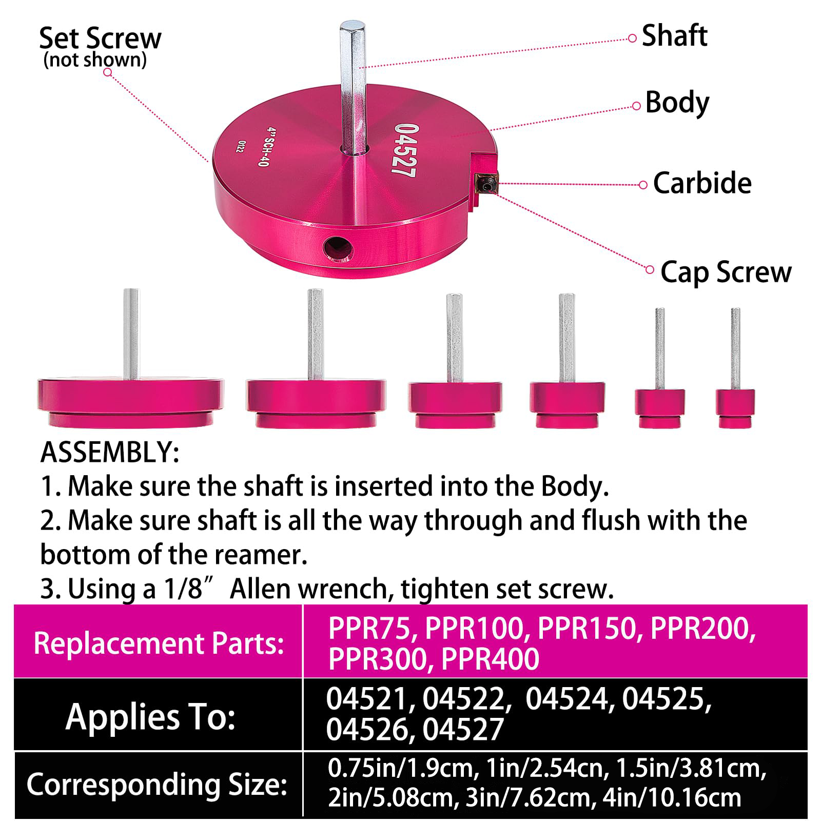 6pcs PPR Pipe Reamer Tool Set, with Sizes PPR75, PPR100, PPR150, PPR200, PPR300, PPR400, for PVC Pipe Sizing, Compatible with Standard 1/2" Drill