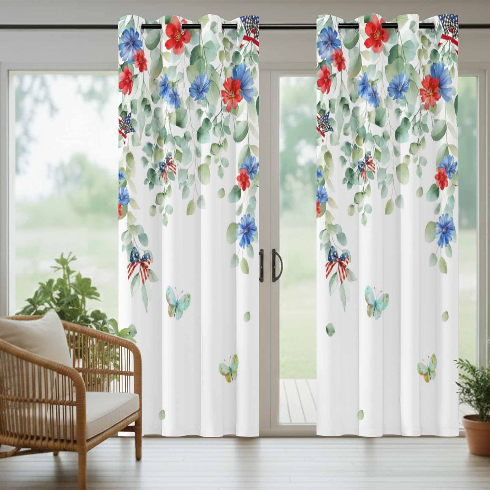 Independence Day Outdoor Curtains for Patio, Watercolor Red Blue Floral Leaf Sunshade Privacy Drapes Grommet Waterproof Outside Curtains for Porch/Cabana/Balcony 54"x 108", 1 Panel