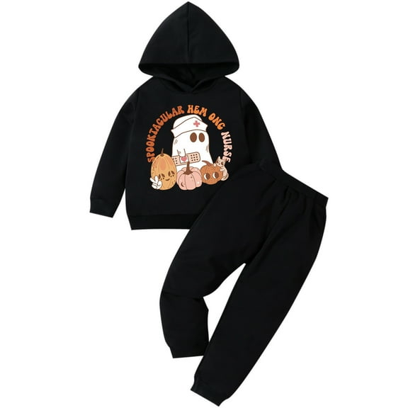Odeerbi Toddler Boys Girls Halloween Sweatsuits Fall Winter Two Piece Outfits Set Baby Halloween Funny Cartoon Printed Hooded Sweatshirts   Jogger Pants Set Long Sleeve Tracksuit Black