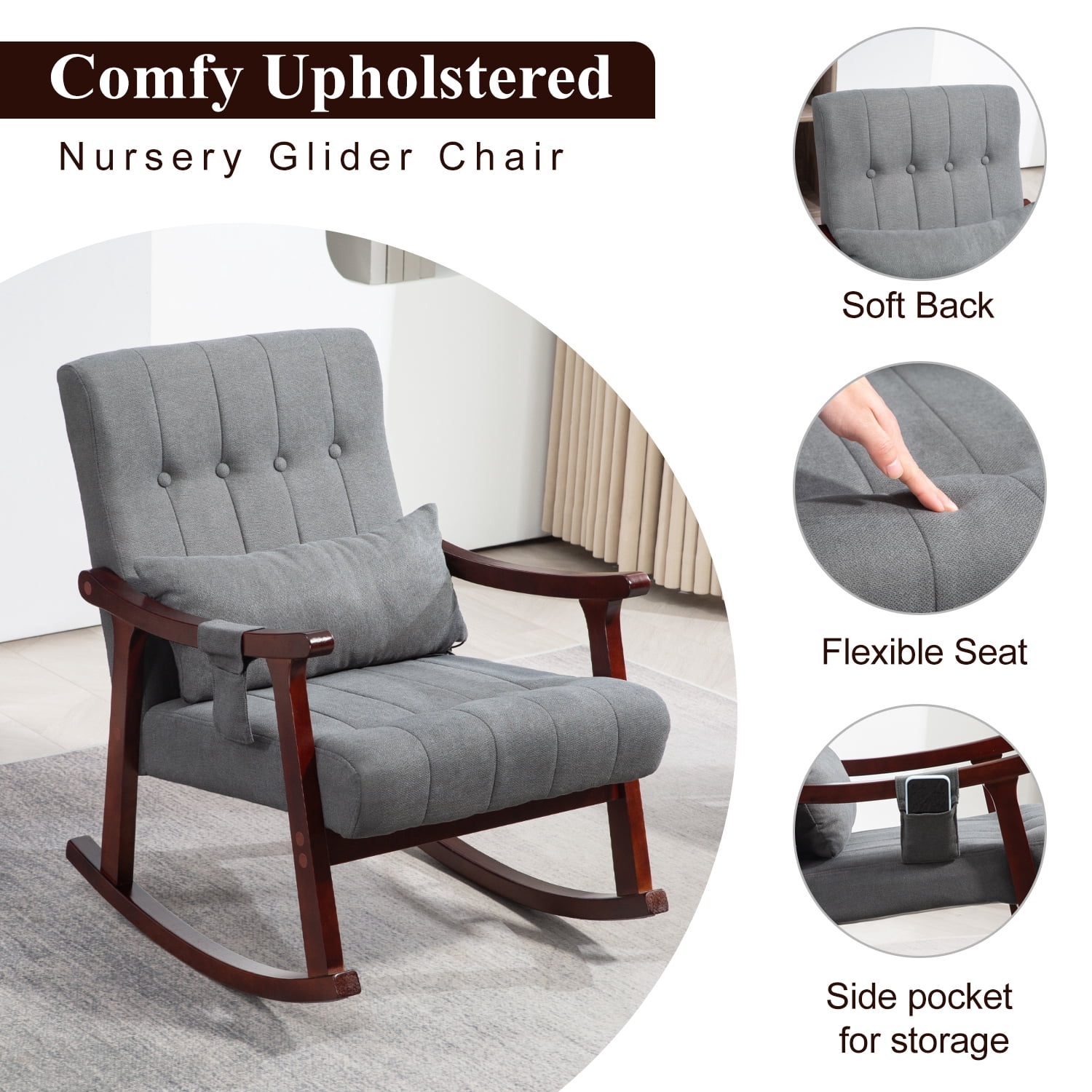 Rocking Chair with Massage Lumbar Support,Upholstered Glider Chair with Side Pocket, Nursery Rocker with High Backrest,Rubber Wood Legs, Rocking Accent Armchair for Living Room Bedroom Nursery