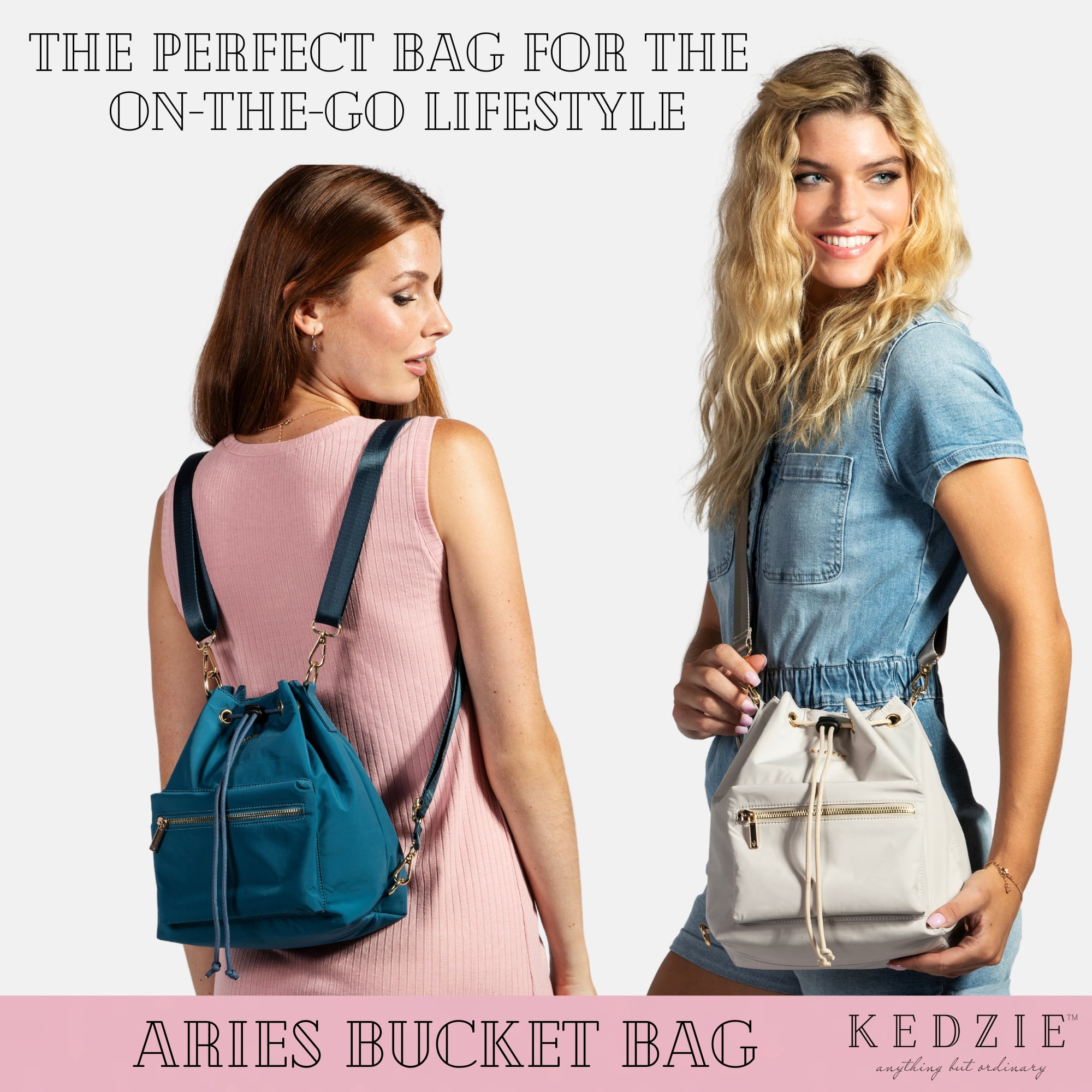Kedzie Aries Convertible Bucket Bag 3-Way Backpack Crossbody Strap Purse, Coral (Women's)