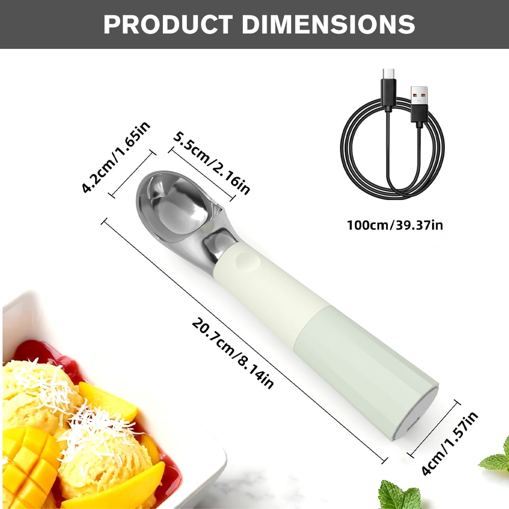 USB Rechargeable Heated Ice Cream Scoop, 304 Stainless Steel, Non-Stick,  Electric Scooper for Hard Frozen Ice Cream, White