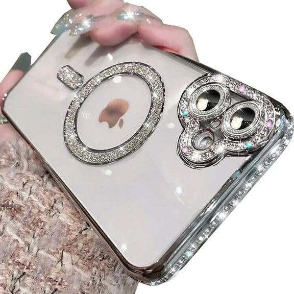 Magnetic Clear Glitter Case for iPhone 16 Plus,[Compatible with MagSafe] Luxury Bling Sparkly Diamond with Camera Protector TPU Plating Bumper Women Girls Case for iPhone 16 Plus 6.7",Silver