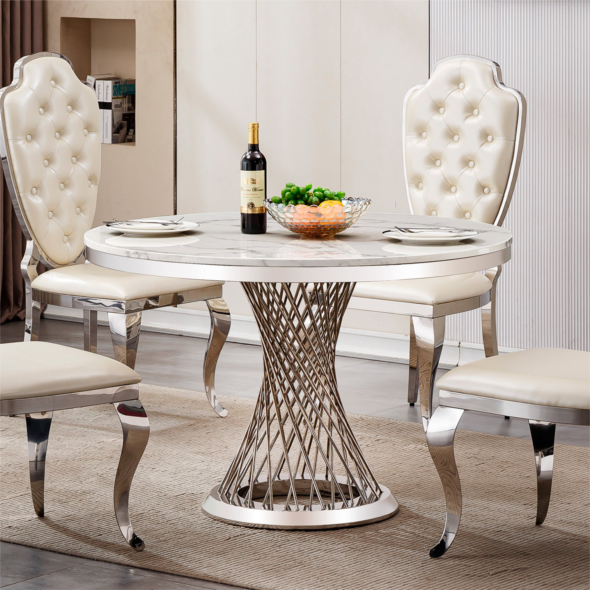 GAKMCIL 47" Round Marble Dining Table for 4-6 People, Modern Kitchen Table with High Glossy Faux Marble Top, Stainless Steel Base, 300lbs Load, Easy Assembly for Dining Room, Kitchen (Silver&White)