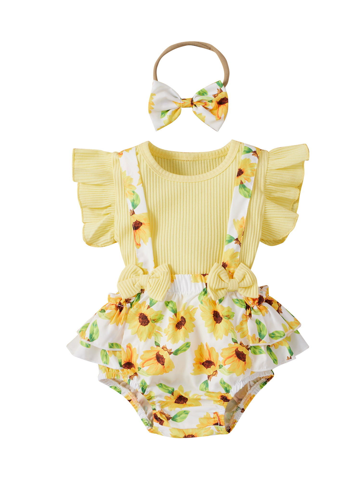 Infant Newborn Baby Girl Floral Summer Outfits Ruffle Sleeve Ribbed T-Shirt and Suspender Shorts with Headband