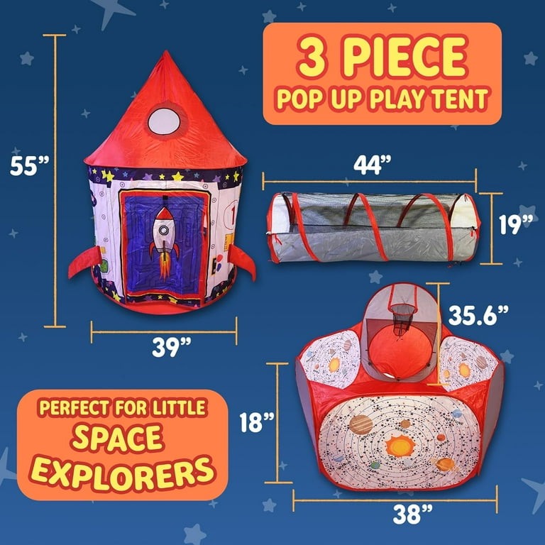 Playz 3pc Rocket Ship Astronaut Kids Play Tent Tunnel Ball Pit with Basketball Hoop Toys for Boys Girls Babies and Toddlers STEM Inspired