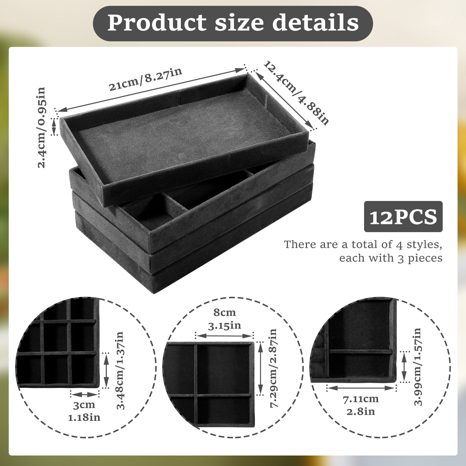 Velvet Jewelry Trays for Drawers, Set of 12 Stackable Jewelry Drawer Organizer Inserts, 4 Styles Black Velvet Drawer Compartment Organizer Tray for Rings, Earrings, Necklace, Bracelet, Watch