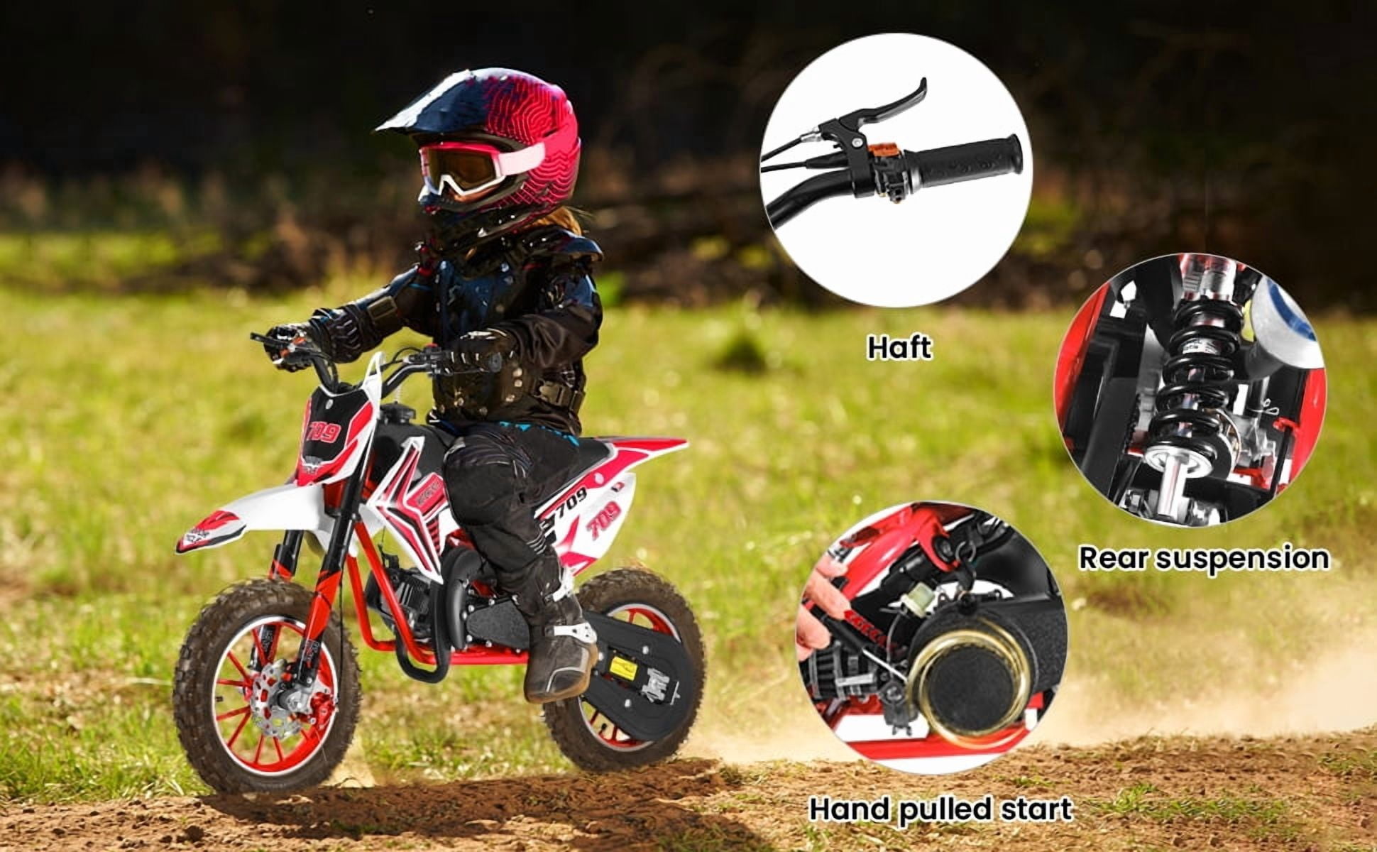 Korogimeeet 49cc 2-Stroke Red Mini Motocross, Gas Powered Off-Road Bike, 10 Inch Anti-Slip Tires, Front Rear Disc Brakes, 30KM/H Max Speed, 1.8L Fuel Tank, 150kg Load, 47 x 28 x 26 Inch