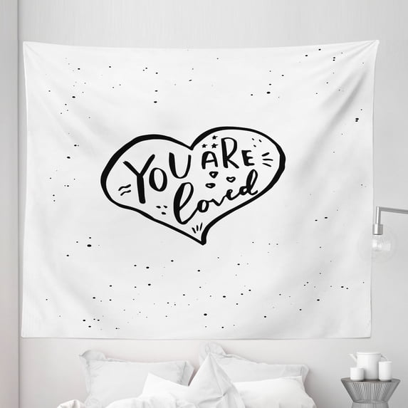 Romantic Tapestry, You Are Loved Hand Drawn Style Phrase in a Heart Shape with Stars and Little Dots, Fabric Wall Hanging Decor for Bedroom Living Room Dorm, 5 Sizes, Black White, by Ambesonne