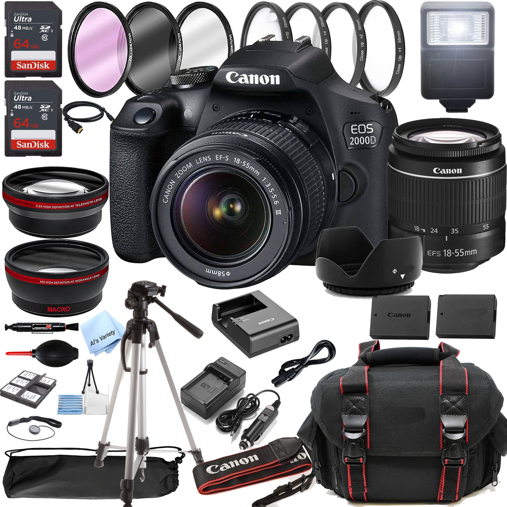 Canon EOS 2000D / Rebel T7 DSLR Camera w/EF-S 18-55mm F/3.5-5.6 Zoom Lens + 128GB Memory + Case + Tripod + Filters -36pc Bundle (International Version)