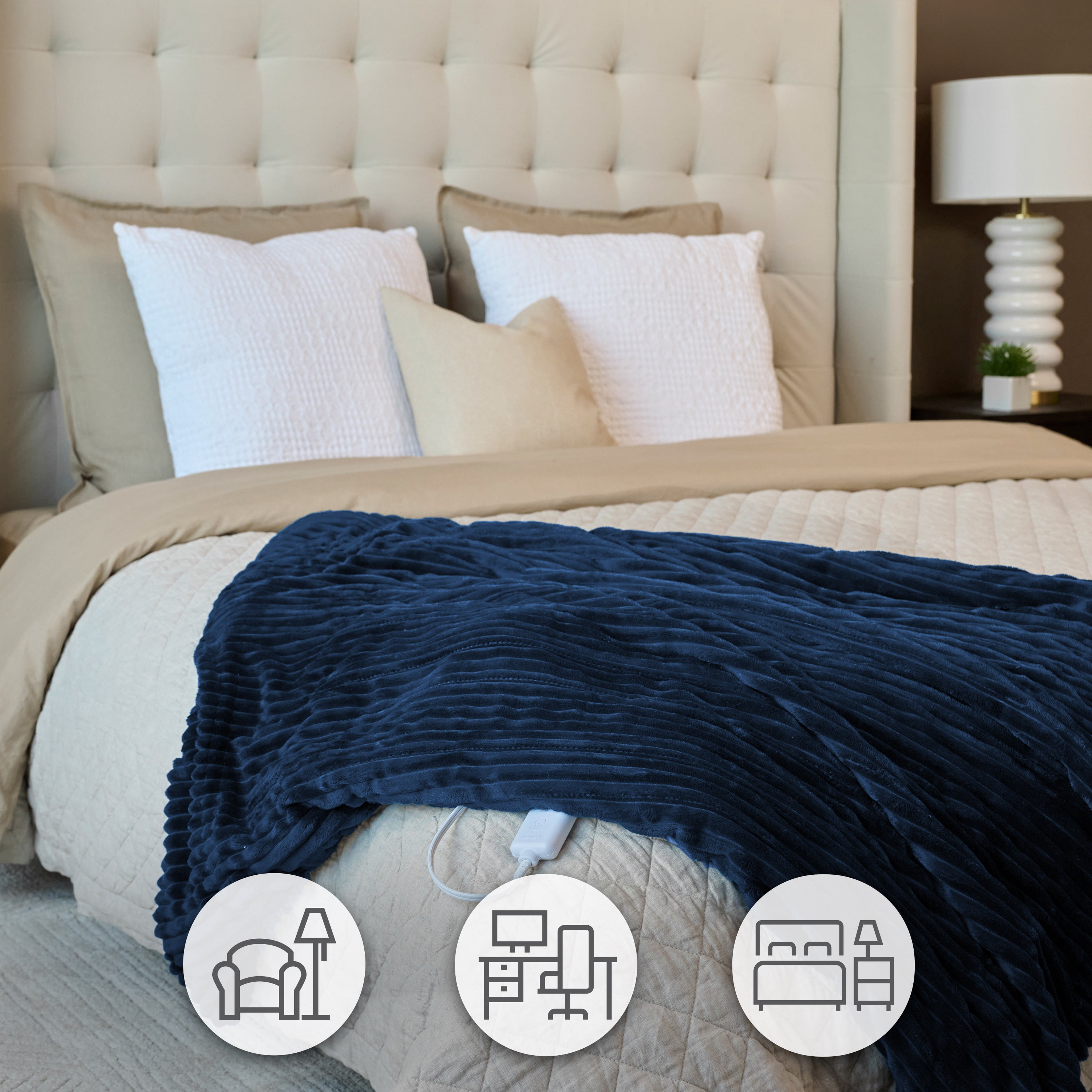 Jeté chauffant extra long en velours côtelé bleu intense quatre réglages de chaleur, arrêt automatique, 127 cm x 177,8 cm (50 po x 70 po) SUNBEAM JETE CHAUFFANT