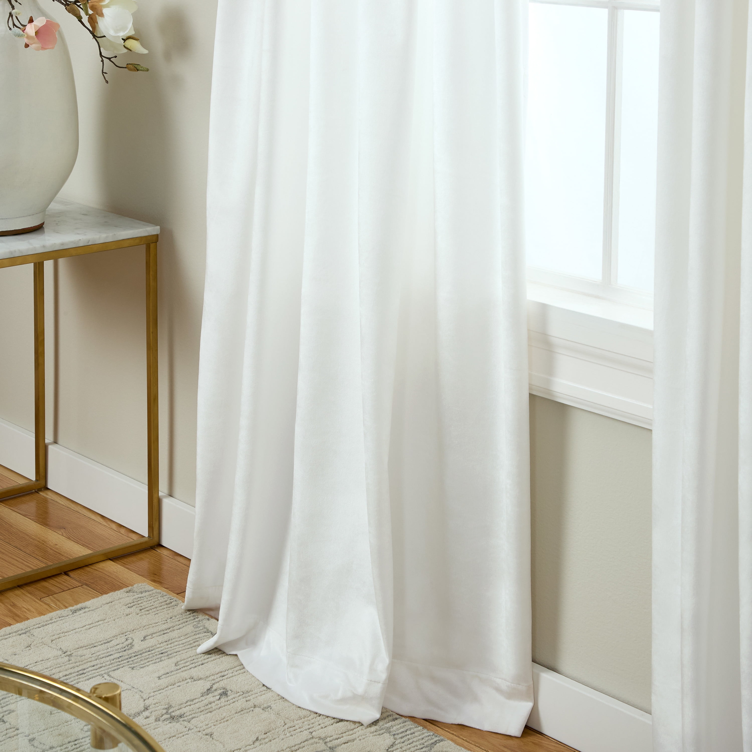 TOWN & COUNTRY LUXE Velour Solid Heavyweight Indoor Curtains, Light Filtering Opacity, Triple Pinch Pleat Top, Plush Velvet, 2-Pack Set, 27"x84", Winter White