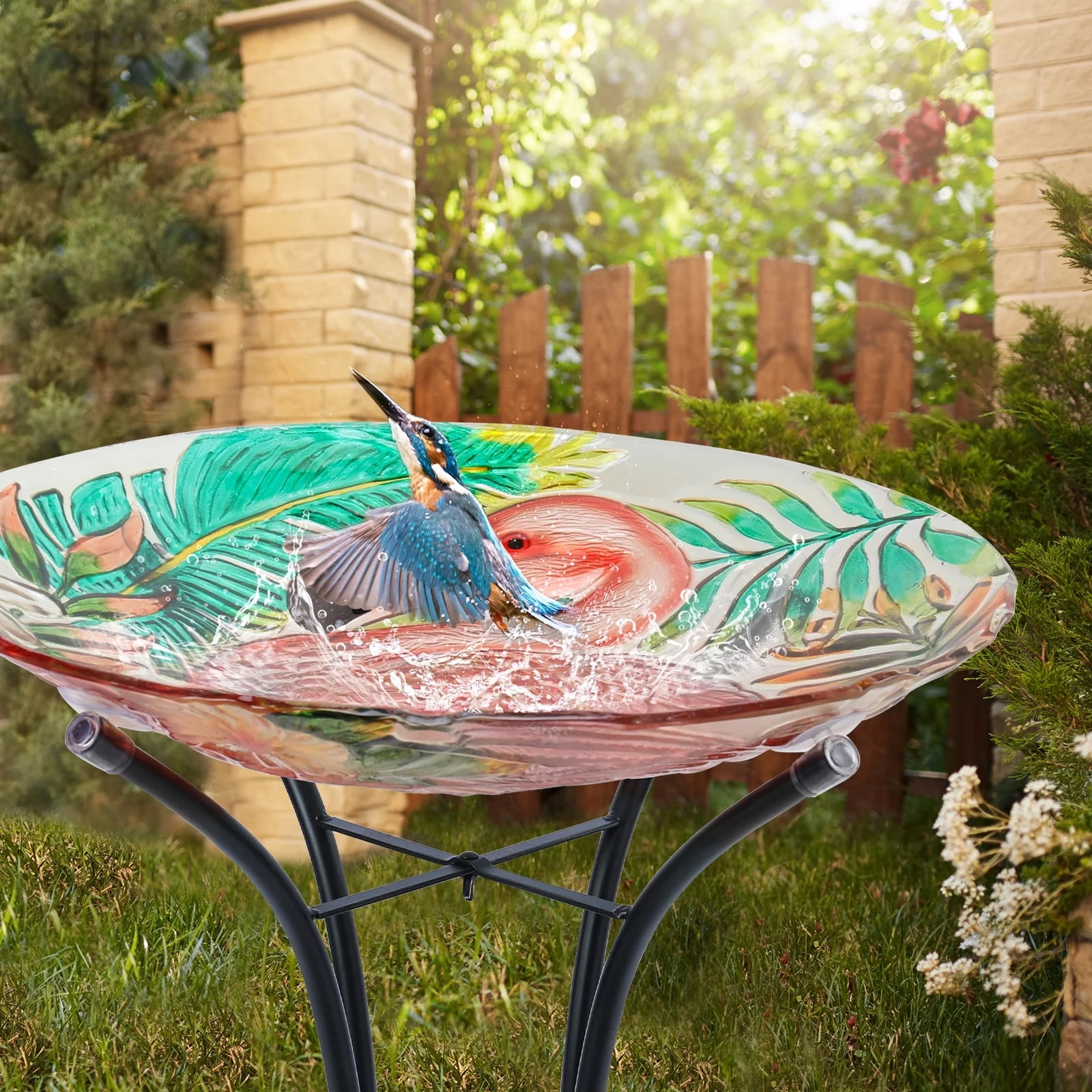 Flamingo Glass Bird Bath with Metal Stand – Bird Bath, Outdoor Bird Feeder & Decor, Stable Iron Frame for Patio/Garden, Colorful Floral & Leaf Accents