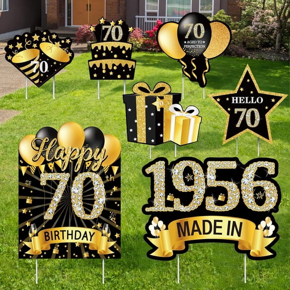 7Pcs Black Gold 70th Birthday Yard Sign Decorations for Men and Women,Happy 70th Birthday Made in 1956 Lawn Sign Party Supplies,Seventy Year Old Yard Decor with Stakes