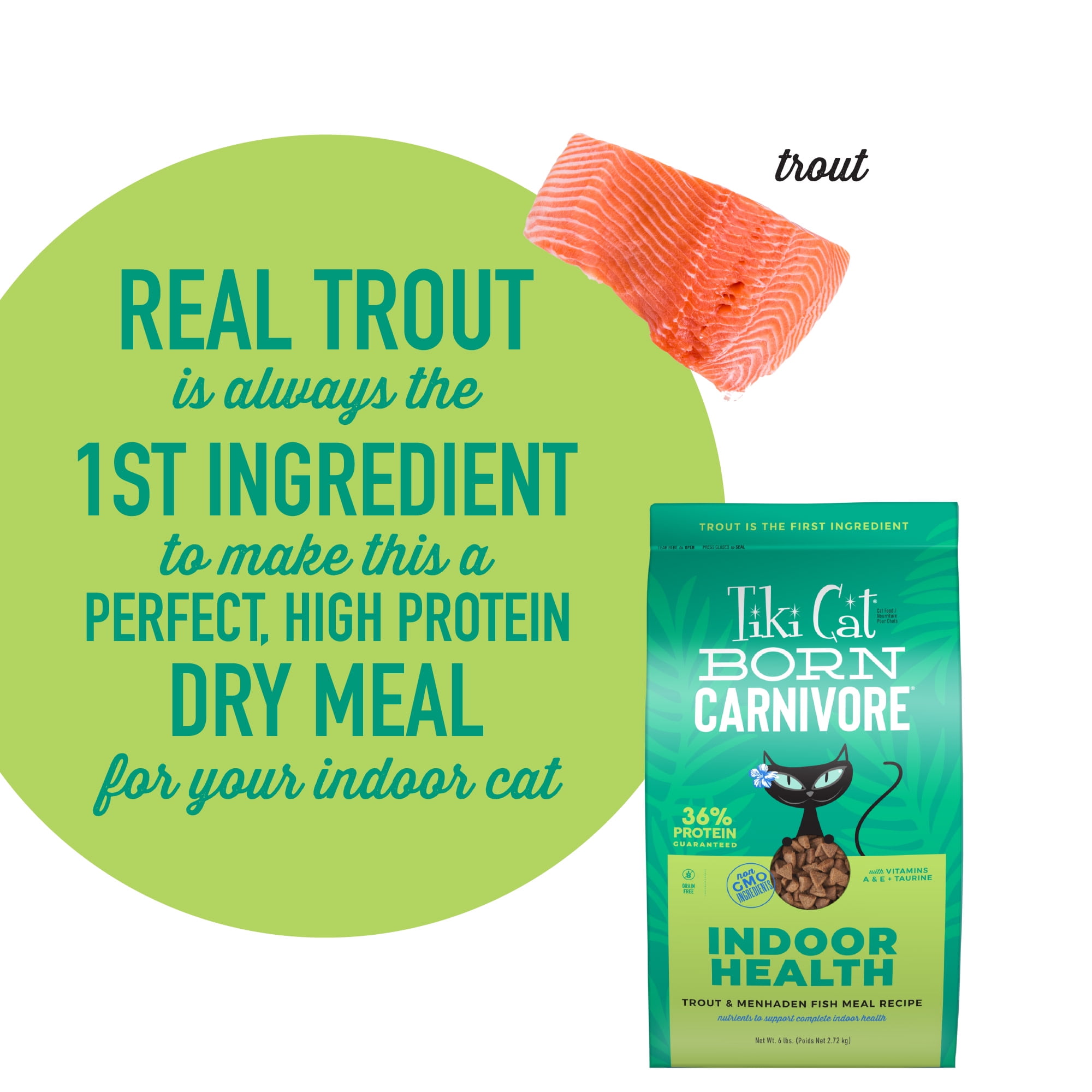 Tiki Cat Born Carnivore Indoor Health Dry Cat Food, Trout & Menhaden Fish Meal, 6 lbs. Bag