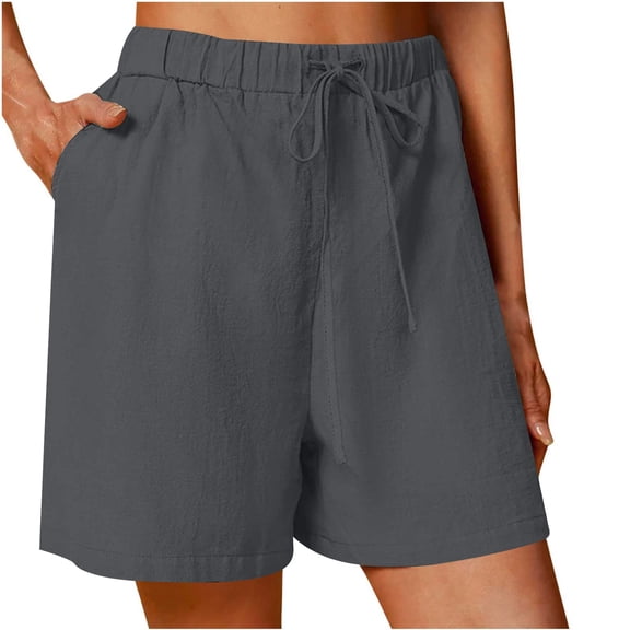 Chiccall Plus Size Shorts for Women Casual Cotton Linen Drawstring High Waisted Comfy Bermuda Shorts Beach Vacation Wide Leg Shorts with Pockets Gray S