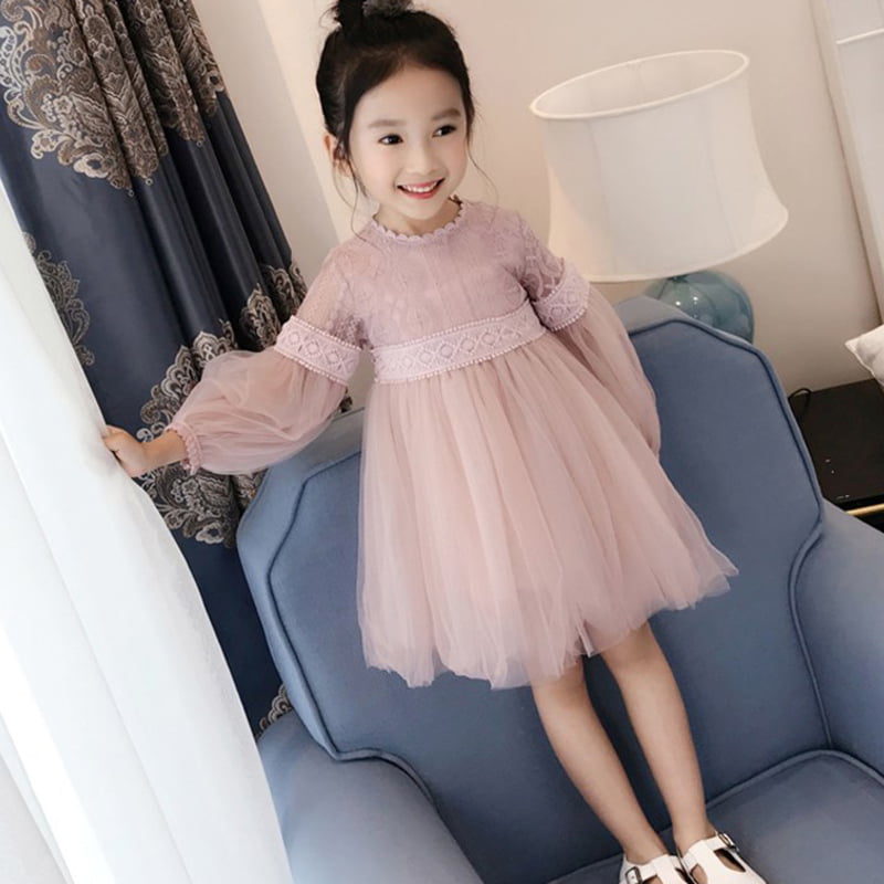 Toddler Kids Baby Girls Long Sleeve Solid Ruffles Swing Dresses Outfit Clothes L 