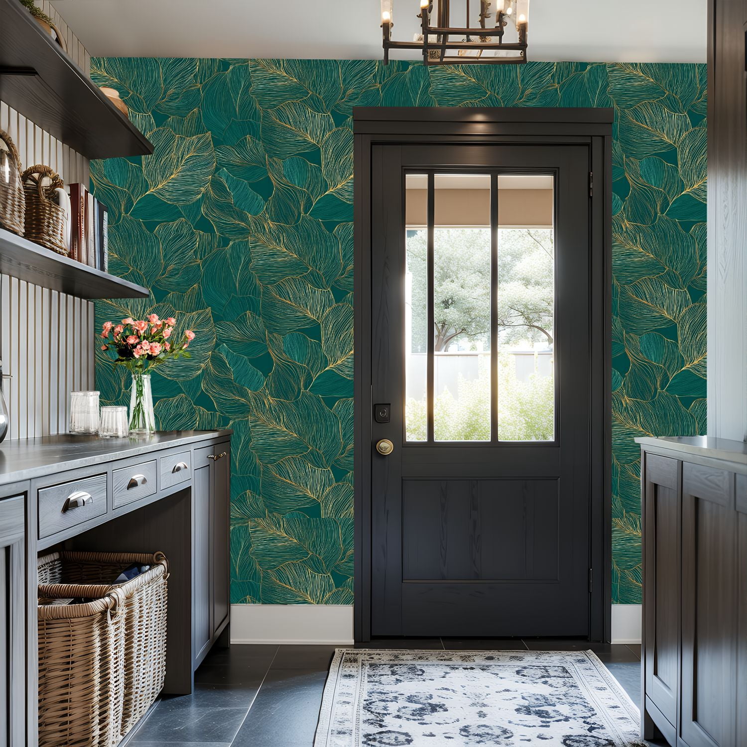 Peel and Stick Wallpaper 17.7in x 9.8ft Abstract Botanical Delicate Golden Leaf Lines Dark Green Contact Paper Vinyl Self-Adhesive Removable Wall Paper for Bedroom DIY Home Decor Renter Friendly