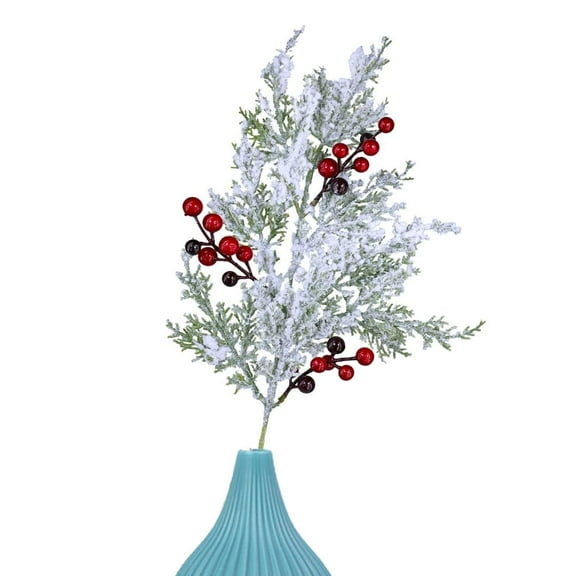 1Pc Snowy Artificial Cedar Picks with Red Berries, Frosted Faux Christmas Cedar Greenery Branches Stems, for Christmas Tree Wreath Vase Winter Holiday Decor