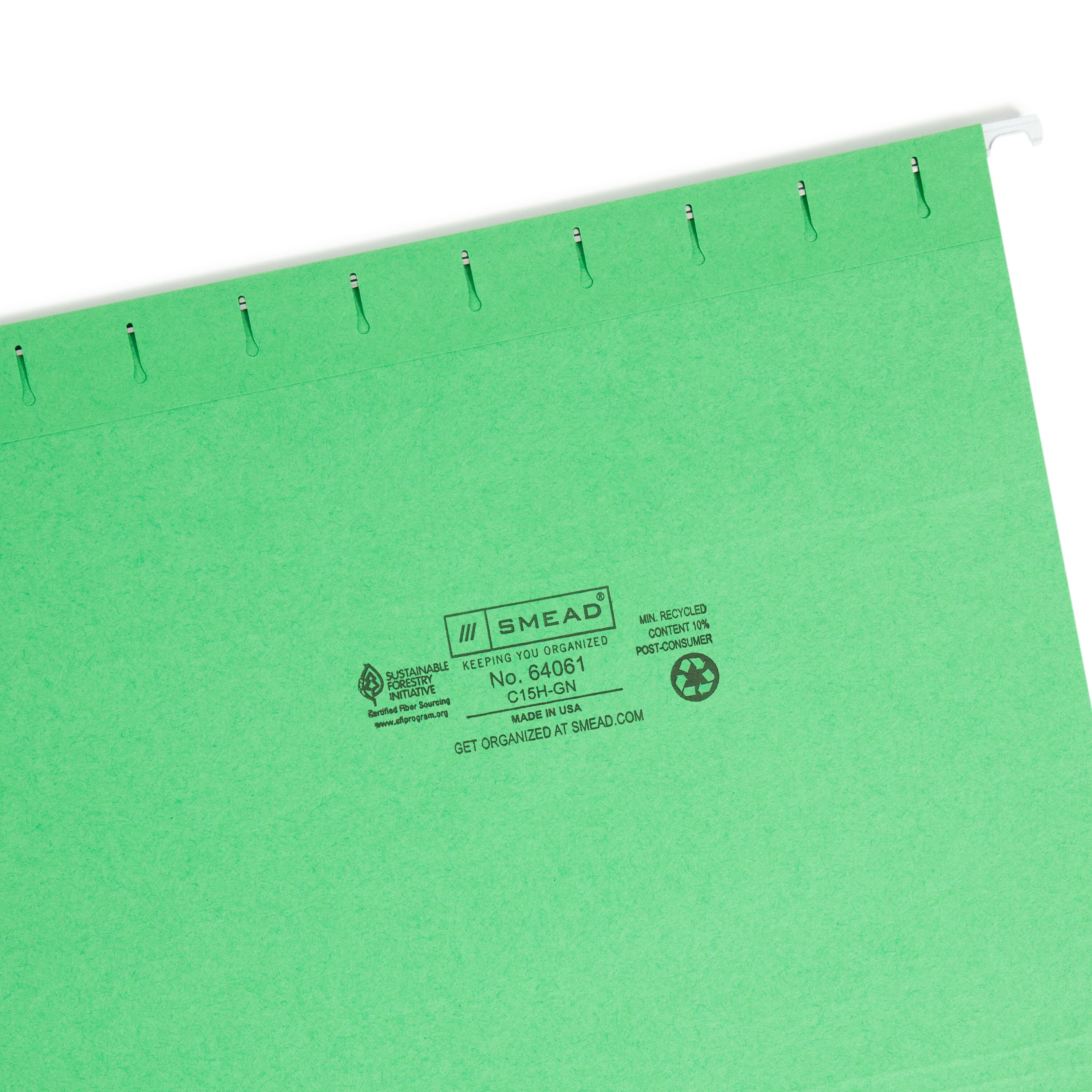 Smead Hanging File Folder with Tab, 1/5-Cut Adjustable Tab, Letter Size, Green, 25 per Box (64061)