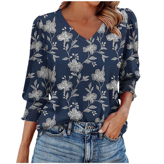 Jsaierl Women's 3/4 Length Sleeve Tops Casual V Neck Shirts Trendy Graphic Ladies Blouses Soft Vacation T-shirts Top S-2XL