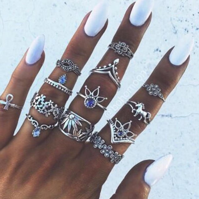 Punk Finger Rings Boho Rings 13 Pieces Women Boho Crystal Flower Ring Set Vintage Punk Finger Rings Retro Rings Gift For Women Girlfriend Wife