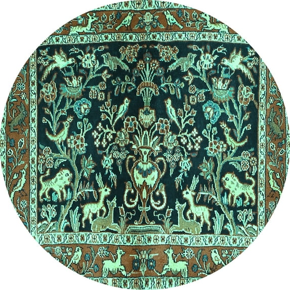 Ahgly Company Machine Washable Indoor Round Animal Turquoise Blue Traditional Area Rugs, 4' Round