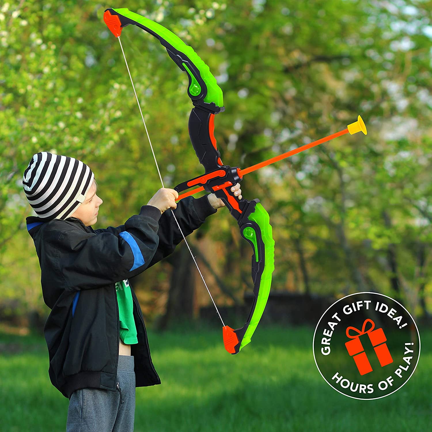 Kids Light Up Archery Toy Play Set w/Bow 3 Suction Cup Arrow Quiver Mount Target 