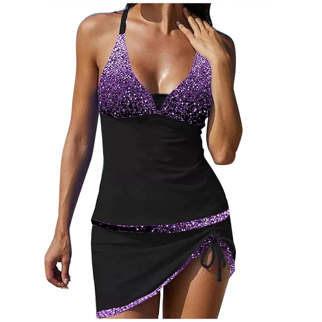 Ketyyh-chn99 Women Swimsuits Tankini Bathing Suits Women High Waisted 2 Piece Tankini Set for Women Tummy Control Color Block Striped Swimsuit Knit Ribbed Bathing Suit Purple,XL