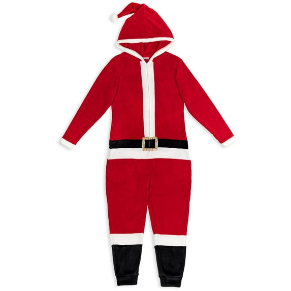 Christmas Santa Claus Mens Fleece Zip Up Cosplay Pajama Coverall Red XX-Large