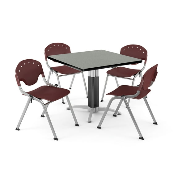 OFM Core Collection Breakroom Bundle, 42" Square Metal Mesh Base Multi-purpose Table in Gray Nebula, 4 Rico Stacking Chairs in Burgundy (PKG-BRK-024-0009)