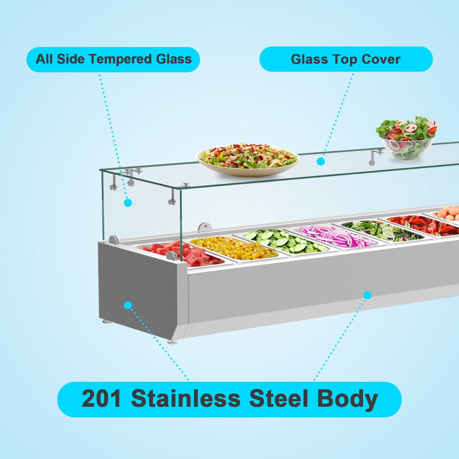 48" Countertop Refrigerated Condiment Station with Auto Defrost & Digital Controller and LED Display,Sandwich Prep Table Guard with 1/3 Pan*6 and 1/6 Pan*4,ETL,Glass Lid for Restaurant Food Tr