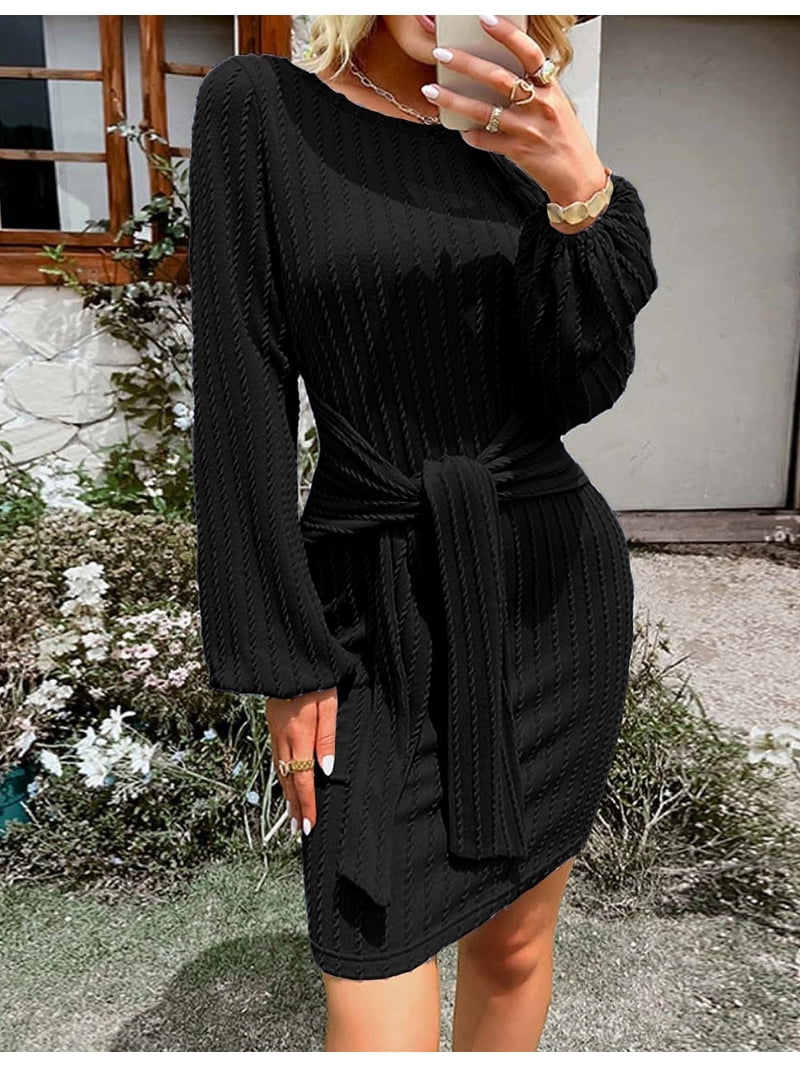 bodycon dress with tie waist Zeagoo Womens Ribbed Knit Long Lantern Sleeve Fall Dress Crewneck Sweater Belted Dresses day wear Floral wedding guest dress maxi Shop Tadashi Shoji Online Color:Ruby Red