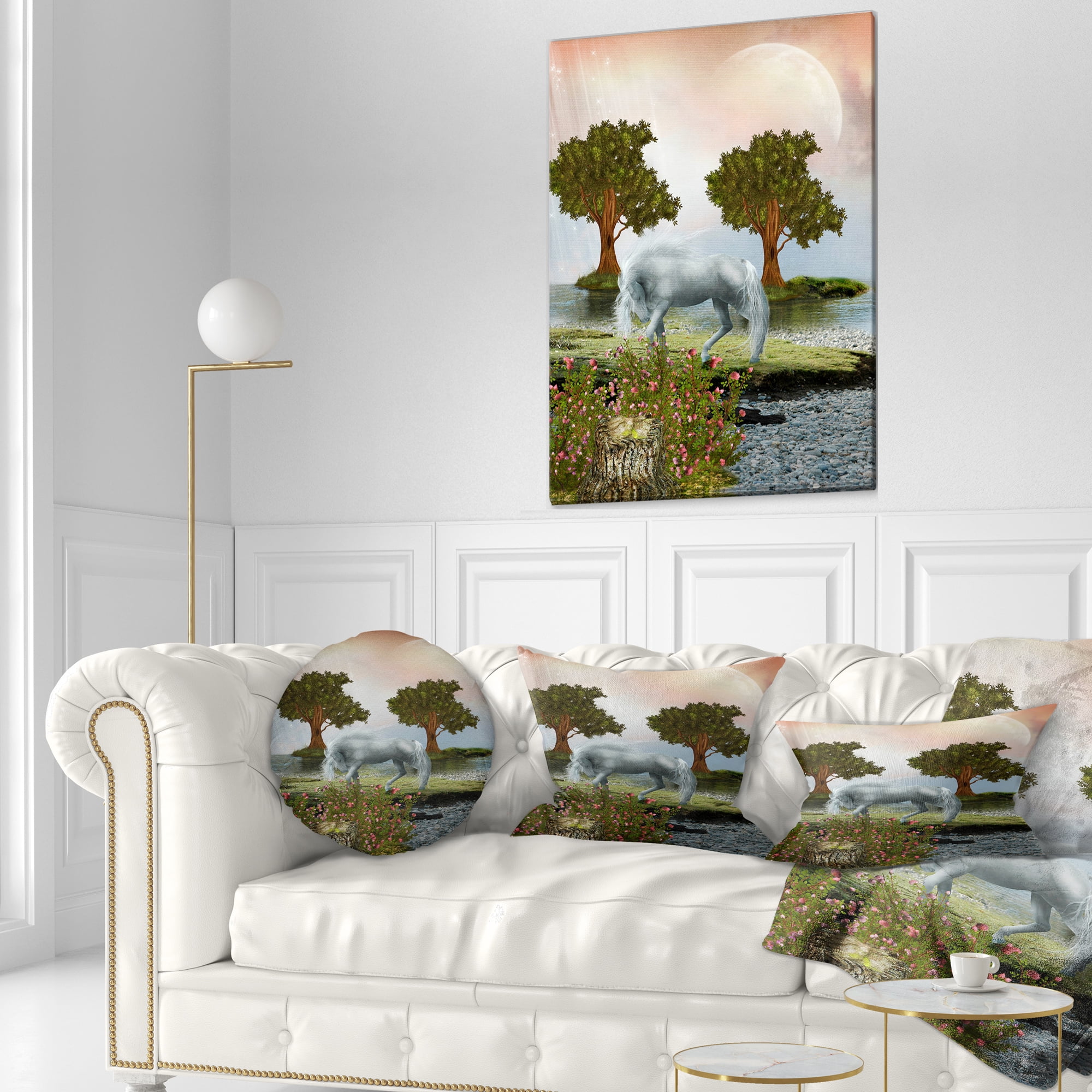 Designart White Horse and Green Trees - Landscape Printed Throw Pillow - 12x20
