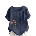 thumbnail image 2 of UPPADA Under 15 Linen Shirts for Women Casual Loose Fit Summer Tops Floral Print Crew Neck Buttons Shirts Short Sleeve Trendy Blouses Plus Size Tunic Blouse Loose Fit Baggy Daisy Blouses Navy,L, 2 of 4