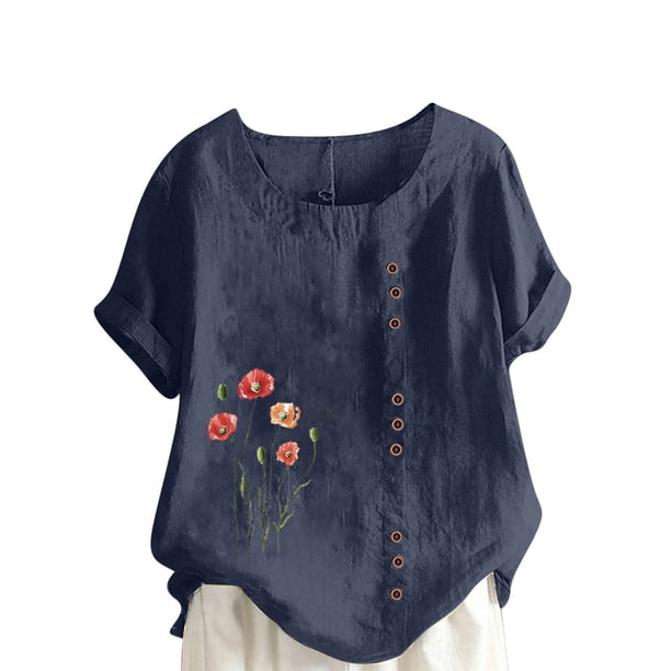 Camisetas de Manga Corta para las Mujeres Impreso Botón de Manga Corta Camiseta Blusa Poliéster, Ropa Casual Mirar Superior para las Mujeres